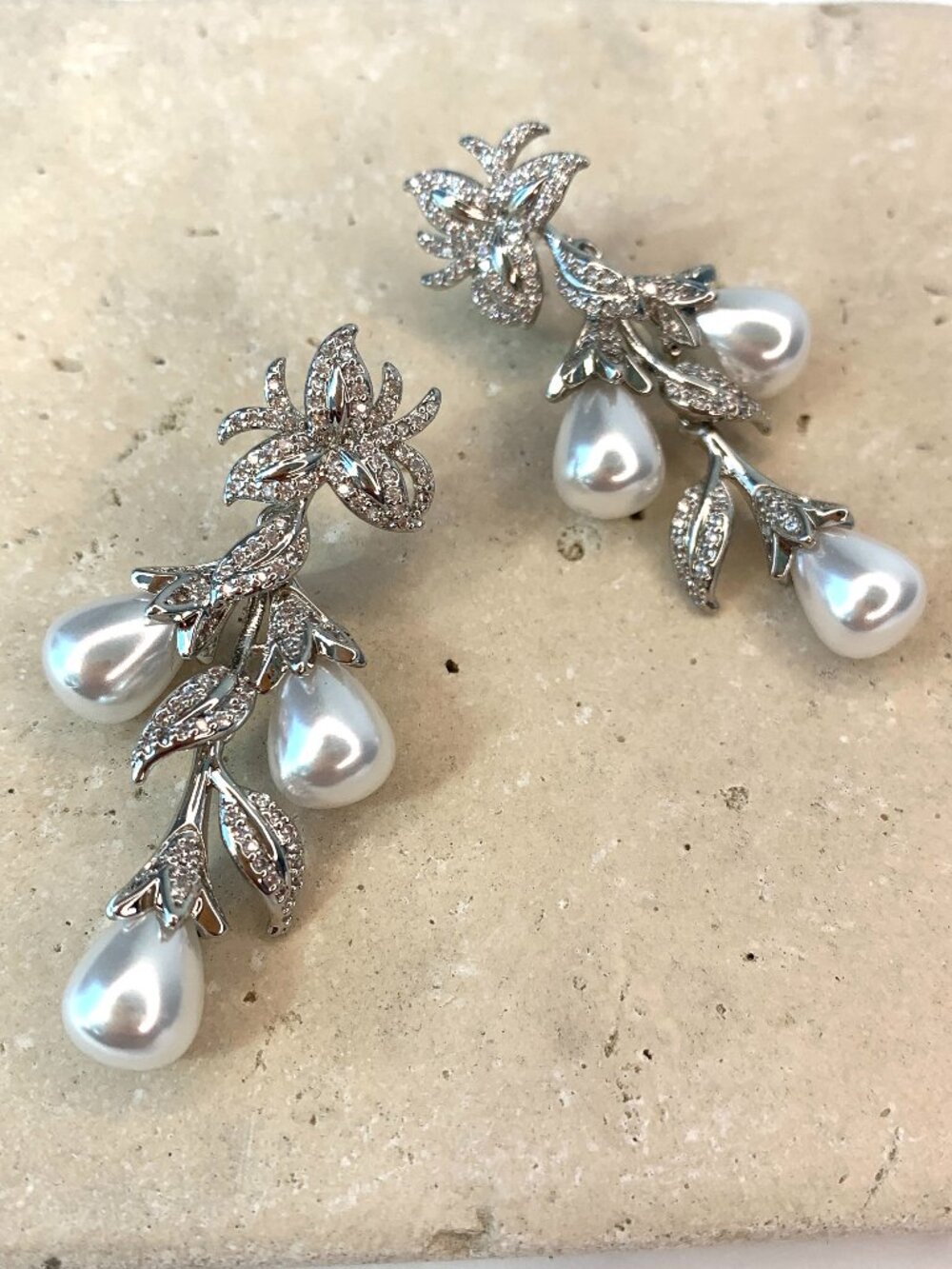 NEW ~ Anthropologie, BHLDN, Pave Crystal Blooming Pearl Earrings